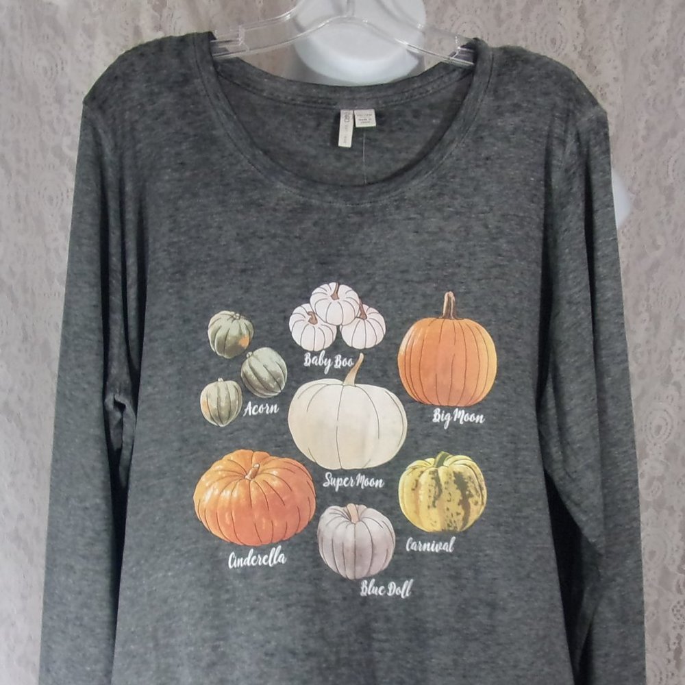 Thanksgiving Autumn Pumpkin  Patch on Grey Knit L/S Top Tee Size Plus 18/20 NWT